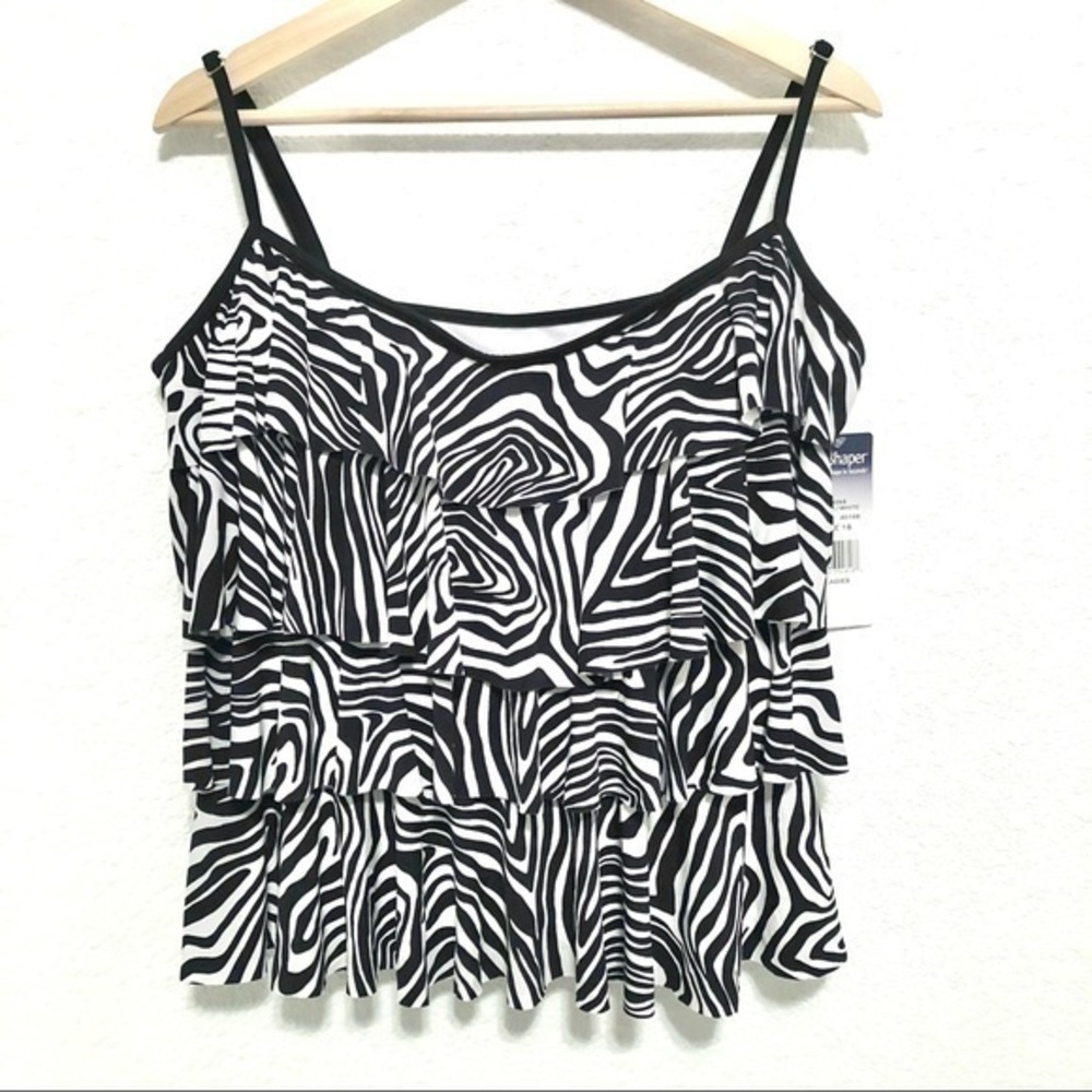 SLIM SHAPER BLACK AND WHITE ZEBRA STRIPE TIERED RUFFLE TANKINI TOP 18 NWT